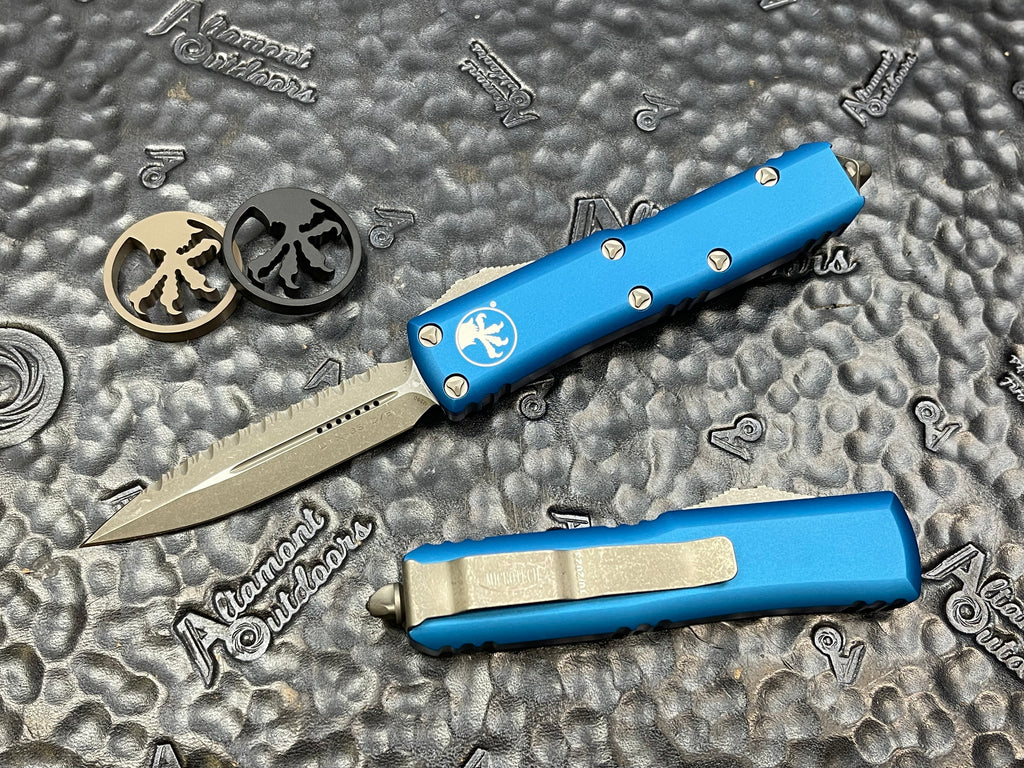 Microtech UTX-85 D/E Blue, Apoc Full Serrated Automatic OTF 232-12APBL ...