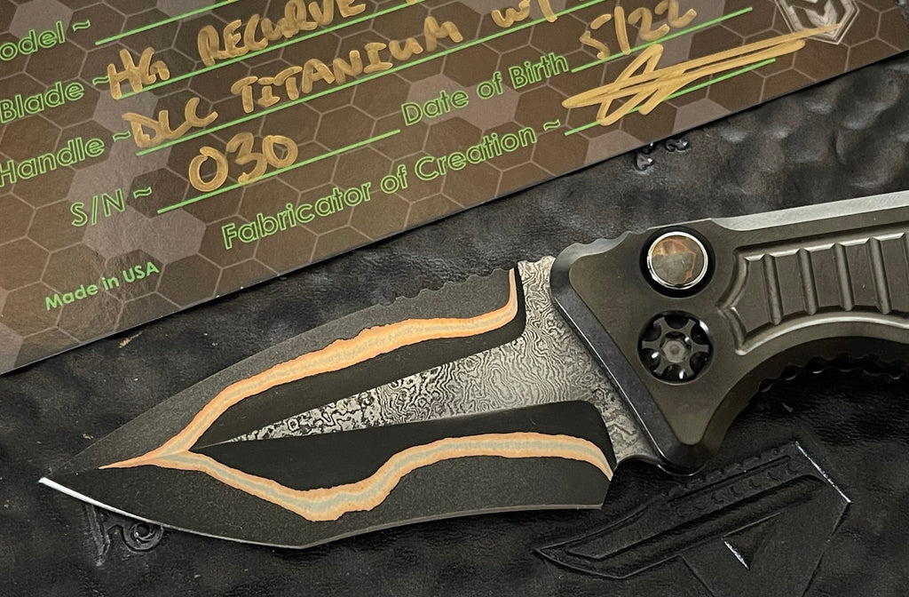 Heretic Knives Custom Medusa Auto Tanto DLC Titanium w/ Frag Pattern Hand  Ground Stealth Polish Elmax Abalone Inlaid Clip DLC Hardware DLC Inlaid  Abalone Inlaid Button (Pre-Owned)