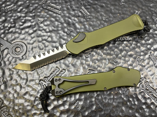 Heretic Knives Hydra OD Green Handle Two-Tone DLC Tanto Full Serrated Blade H006-11C-GRN