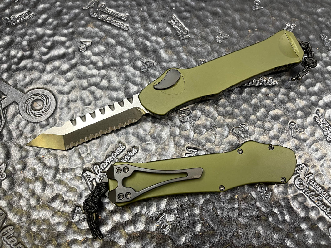 Heretic Knives Hydra OD Green Handle Two-Tone DLC Tanto Full Serrated Blade H006-11C-GRN