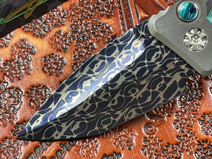 Heretic Knives Custom Medusa Auto Blued Vegas Forge Damascus Titanium w/ Mammoth Ivory Inlays and button S/N 006