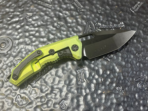 Heretic Knives Medusa Manual Flipper Antique Green Titanium Handle with DLC Tanto Blade H009-6A-TiGRN