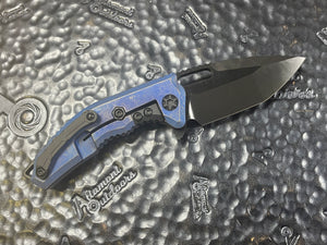 Heretic Knives Medusa Manual Flipper Antique Blue Titanium Handle with DLC Tanto Blade H009-6A-TiBLU