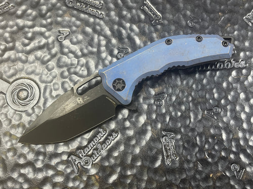 Heretic Knives Medusa Manual Flipper Antique Blue Titanium Handle with DLC Tanto Blade H009-6A-TiBLU