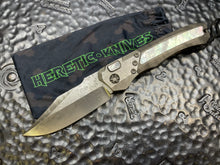 S/N 006 Heretic Knives Custom Auto Wraith HG Vegas Forge Damascus Bowie, Black Dunes Fat Carbon with Mother of Pearl Inlays, Vegas Forge Damascus Bolster & Pivot Collar, DLC & MOP Button