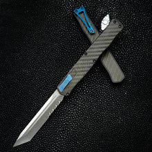 Heretic Knives Cleric II Stonewashed Part Serrated Tanto, Carbon Fiber Inlay and CF Top Cover, Blue Ti Button and Blue Ti Clip H019-2B-CF/BLU