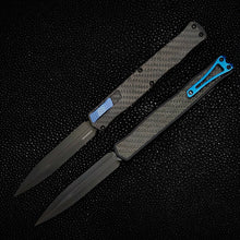 Heretic Knives Cleric II - Black ANO Chassis w/ Carbon Fiber inlay, Carbon Fiber Top Cover, DLC Double Edge Magnacut blade, Blue Ti Button and Blue Ti Clip  H020-6A-CF/BLU