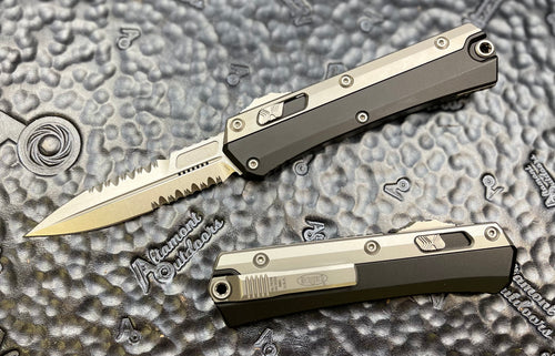 Microtech Glykon D/E Full Serrated Stonewashed OTF Automatic Knife Black Aluminum/ Ti 184-12