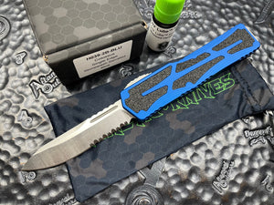 Pre-Owned Heretic Knives Colossus Stonewashed S/E Part Serrated, Blue handle, Standard Clip & Hardware POH039-2B-BL