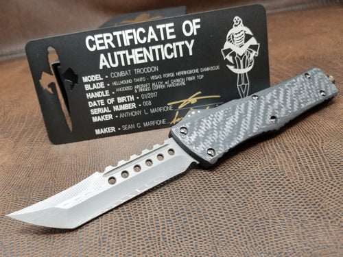 Marfione Custom Combat Troodon Hellhound Damascus Carbon Fiber Pre-Owned