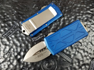 Microtech Exocet Dagger Blue Stonewashed 157-10BL California Legal OTF Automatic Knife Money Clip