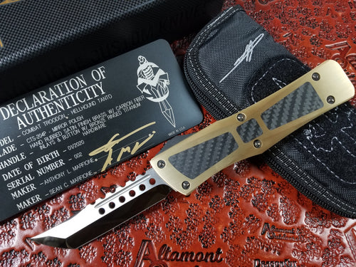 Marfione Custom Combat Troodon Hellhound Brass Handle Mirror Polished Carbon Fiber Inlay & Button Bronze Ring Ti Hardware