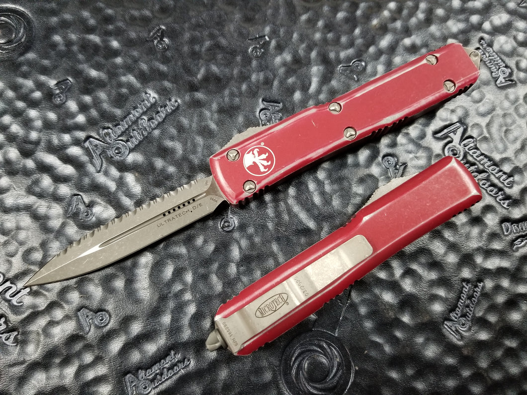 Microtech Ultratech D/E Full Serrated Stonewashed Distressed Red 122-12DRD Automatic OTF
