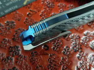 Marfione Custom Protocol Flipper Double Vapor Blast - Ti Bolster - Silver Twill Carbon Fiber Scales - Blue Ti Accents and Hardware