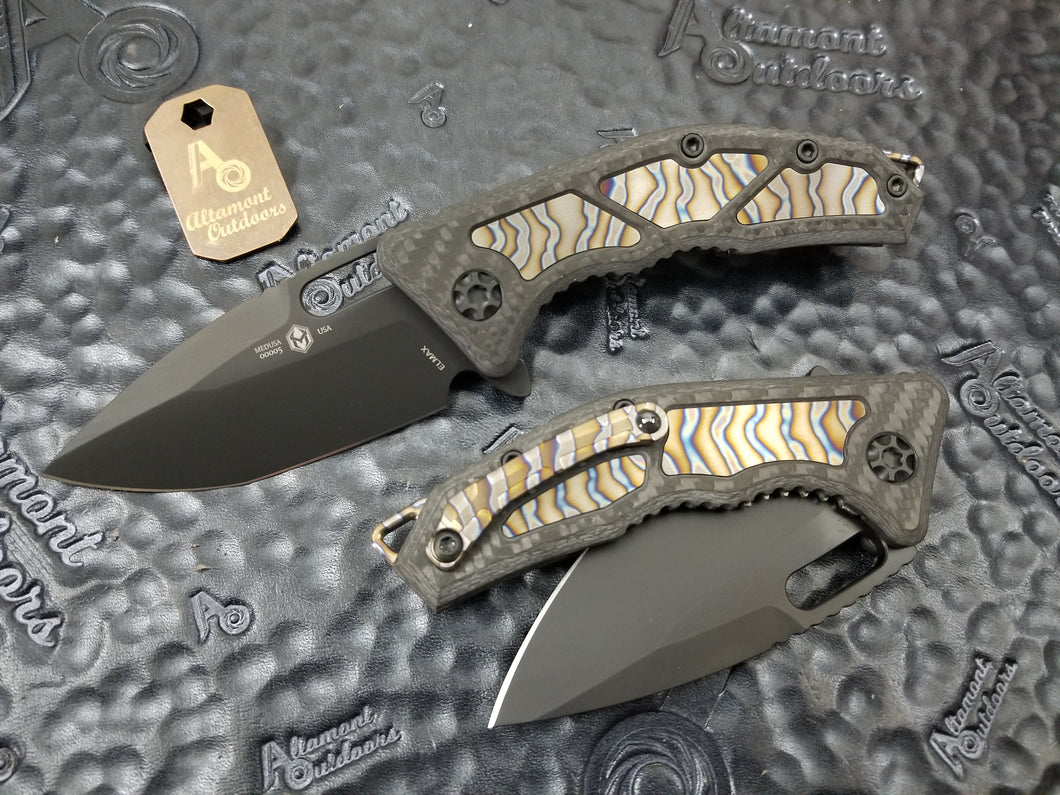 Heretic Knives Medusa Manual Flipper Carbon Fiber Handle with Flamed Ti Inlay, DLC Tanto, Flamed Ti Backstrap & Clip