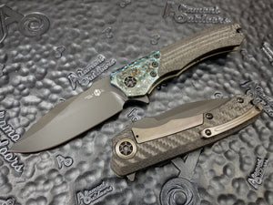Heretic Knives Wraith Manual Flipper Carbon Fiber Handle with Chemtina Bolster, DLC Clip Point
