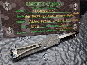 Heretic Knives Custom Manticore S Tanto Two-Tone Stealth Polish, Full CF Handle, Blue Ti Hardware S/N 003