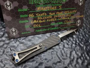 Heretic Knives Manticore S Custom Tanto Two-Tone Stealth Polish Cracked Ice, Full CF Handle, Blue Ti Hardware S/N 002
