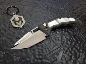 Heretic Knives Custom MEDUSA Auto High Polished Tanto, Carbon Fiber w/ Mother of Pearl Inlay, Blue Ti Strap & Clip