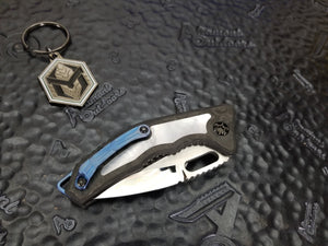 Heretic Knives Custom MEDUSA Auto High Polished Tanto, Carbon Fiber w/ Mother of Pearl Inlay, Blue Ti Strap & Clip