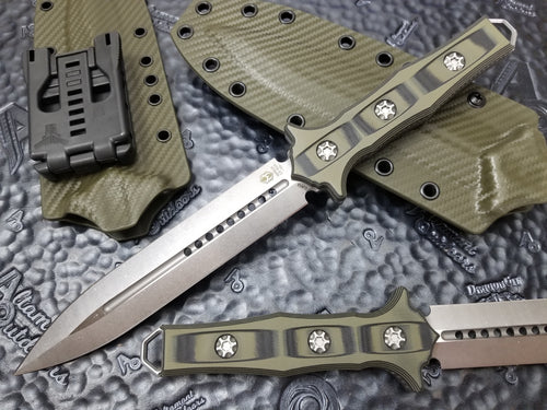 Heretic Knives Nephilim Double Edge Fixed Blade Stonewashed Black/OD Green G10 Scales