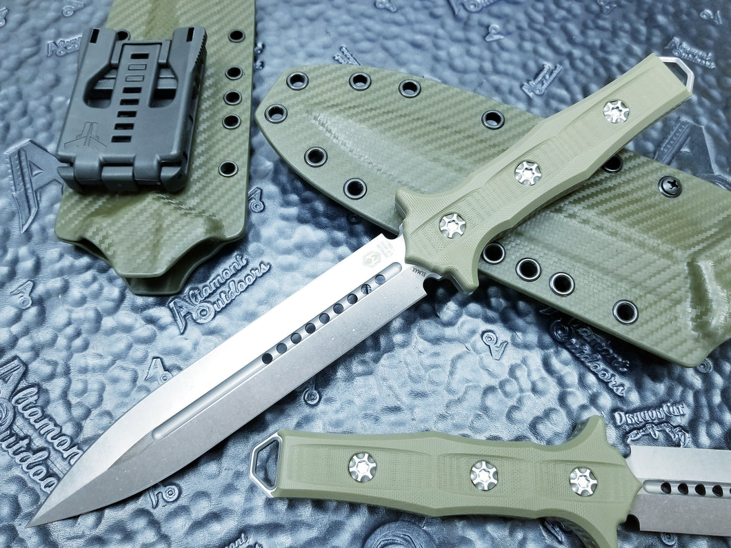 Heretic Knives Nephilim Double Edge Fixed Blade Stonewashed OD Green Carbon Fiber Scales