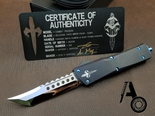 Marfione Custom Combat Troodon Hellhound Mirror Polished Blue Ti Hardware