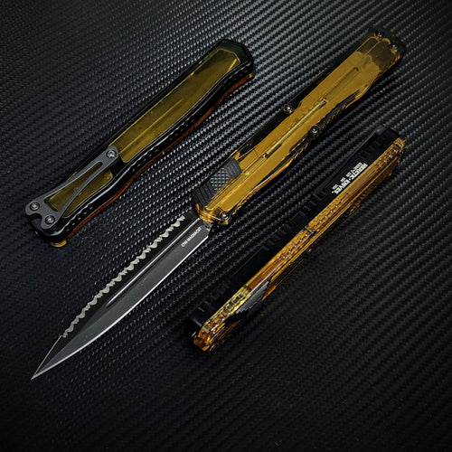 Heretic Knives Cleric II - Black ANO Chassis w/ Ultem inlay, Ultem Top Cover, DLC Double Edge Full Serrated Magnacut blade  H020-6C-ULTEM