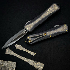 Heretic Knives Manticore E Fat Carbon Gold Dunes Inlay, DLC Double Edge, DLC Ti Clip with TiN Ball, TiN Glass Breaker and Hardware H028-6A-FC/TiN