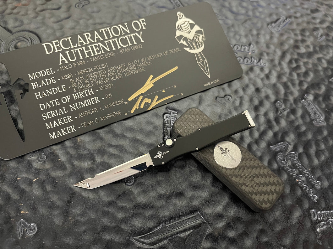 Marfione Custom Halo 3 Mini Mirror Polish Star Grind Tanto with Mother of Pearl Inlay in Button and Charging Handle