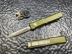 Microtech Ultratech 122-D12DOD Distressed OD Green Apocalyptic Double Edge Full Serrated both sides (Double Double)