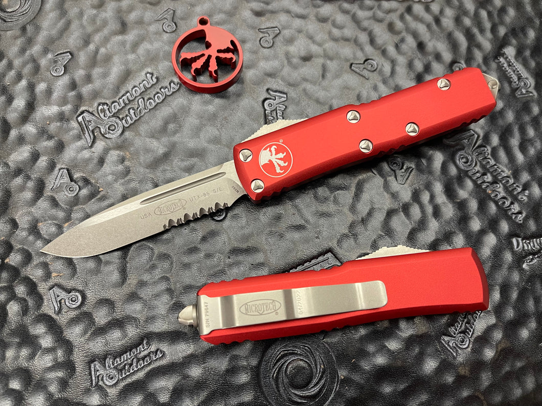 Microtech UTX-85 Stonewash Part Serrated Red 231-11RD