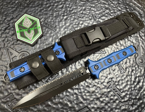 Heretic Knives Nephilim Double Edge Full Serrated Battleworn Black Fixed Blade, Blue/Black G10 Scales H003-8C-BLUBLK