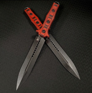 Heretic Knives Nephilim Double Edge Battleworn Black Fixed Blade, Red/Black G10 Scales H003-8A-REDBLACK