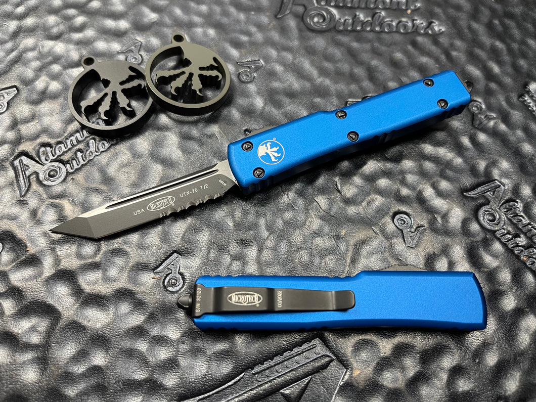 Microtech UTX-70 Tanto Blue Part Serrated 149-2BL OTF T/E