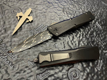 Marfione Custom Combat Troodon Bowie Hot Blued Web Pattern Damascus, Hefted Black Aluminum with Dagger Relief & DLC Ringed Hardware