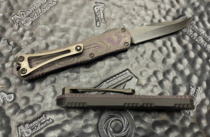 Heretic Knives Manticore S DLC Stonewash Bowie, Black Handle w/ Purple Camo CF Backcover, DLC Hardware, DLC Button and Ti Clip H022B-6A-PUCF