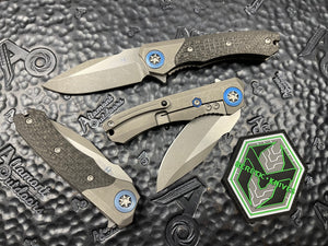 Heretic Knives Wraith Manual V3 Prototype Flipper Battleworn Ti and Carbon Fiber. Blue Ti Pivot Collar