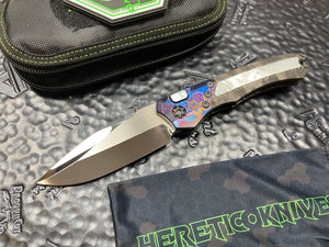 Heretic Knives Custom Auto Wraith HG High Polish Elmax, Black Dunes Fat Carbon with Mother of Pearl Inlays, Vegas Forge Damatanium Bolster, MOP Button