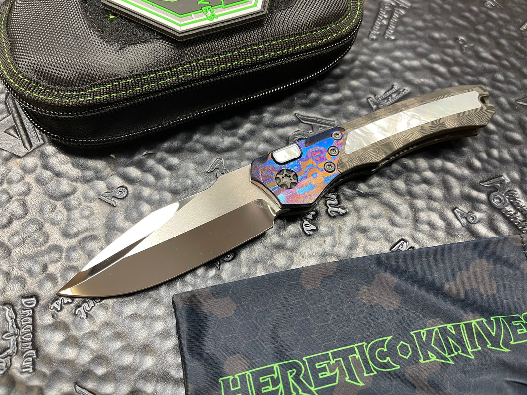Heretic Knives Custom Auto Wraith HG High Polish Elmax, Black Dunes Fat Carbon with Mother of Pearl Inlays, Vegas Forge Damatanium Bolster, MOP Button