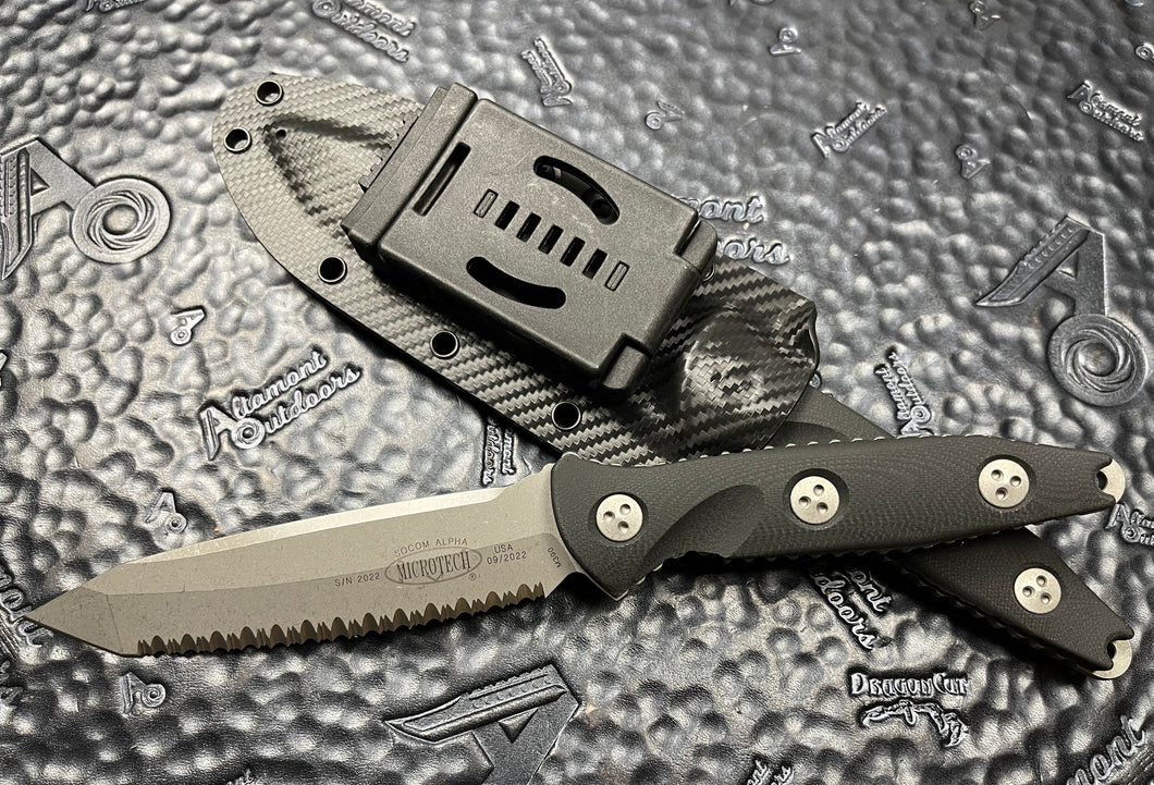 Microtech Socom Alpha Tanto Fixed Blade Knife Black handle, Apoc Full Serrated 114-12AP