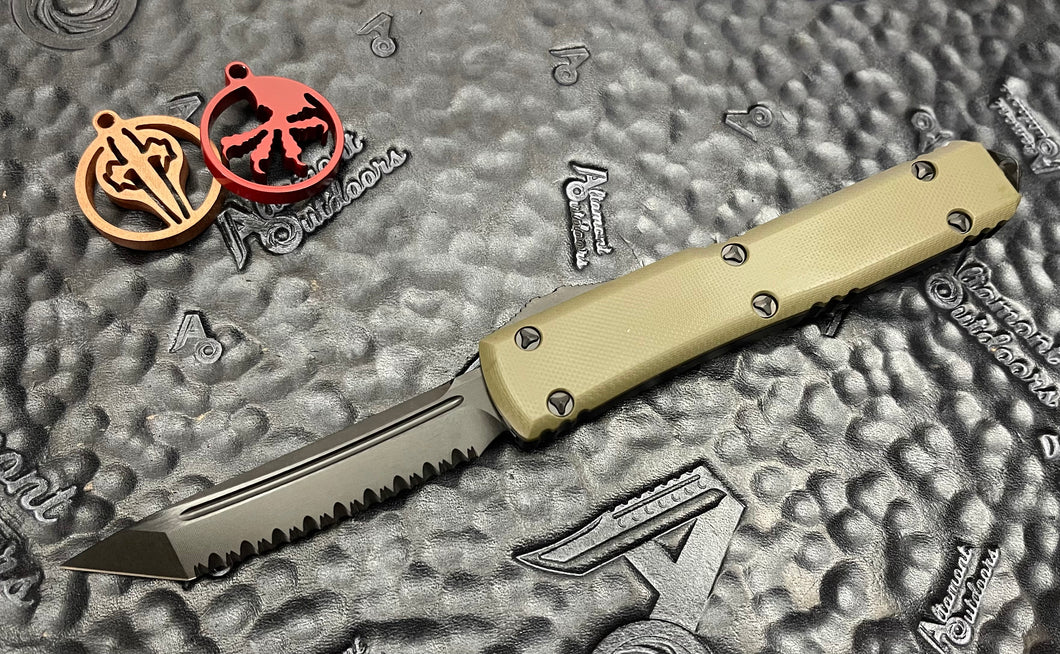 Microtech Signature Series Ultratech OD Green G-10 Top, Black DLC Full Serrated Tanto Blade, Deep Engraved Pocket Clip 123-3DLCGTODS