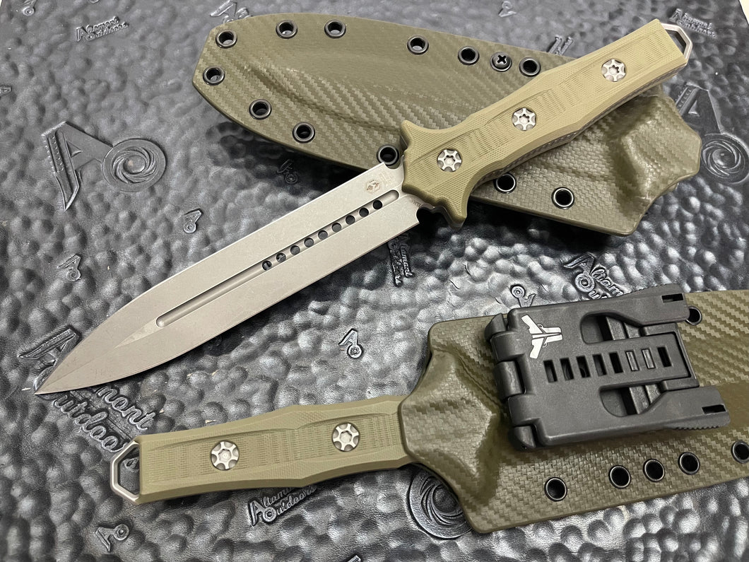 Heretic Knives Nephilim Double Edge Fixed Blade Battleworn, OD Green G10 Scales