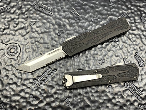 Heretic Knives Colossus Stonewashed T/E, Part Serrated Black handle, SW Clip & Hardware H040-2B TANTO