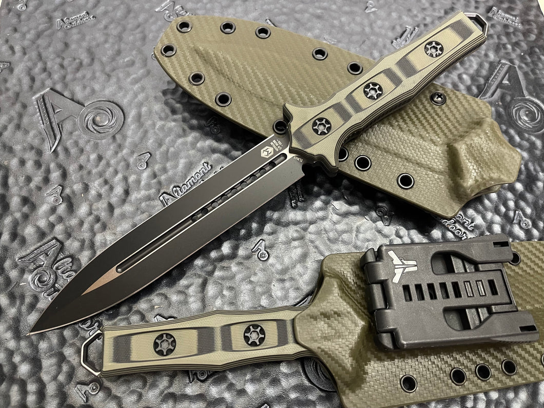 Heretic Knives Nephilim Double Edge Two-Tone Black Fixed Blade Black/OD Green G10 Scales.  H003- 10A-BLKGRN
