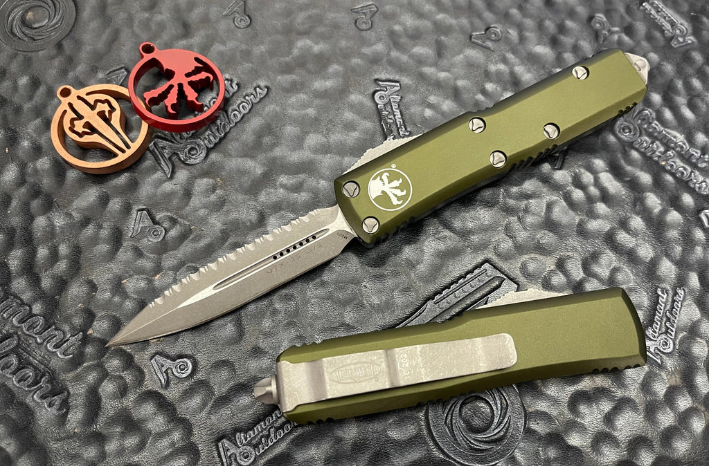 Microtech UTX-85 D/E OD Green Apoc Full Serrated Automatic OTF 232-12A ...