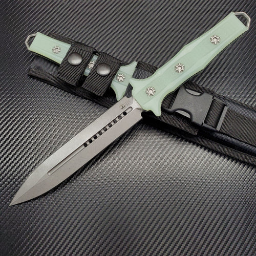 Heretic Knives Nephilim Battleworn Double Edge Fixed Blade with Jade G10 Scales H003-5A-Jade