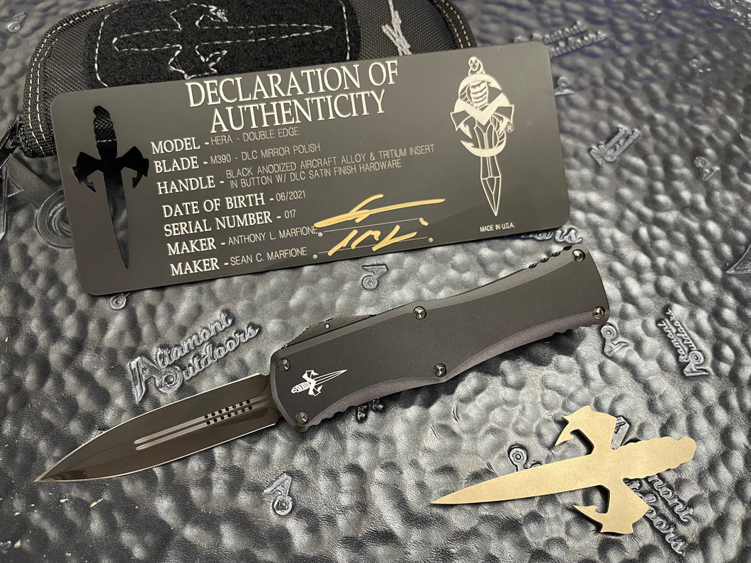 Marfione Custom Knives HERA Double Edge Mirror Polished DLC, Tritium Insert in button