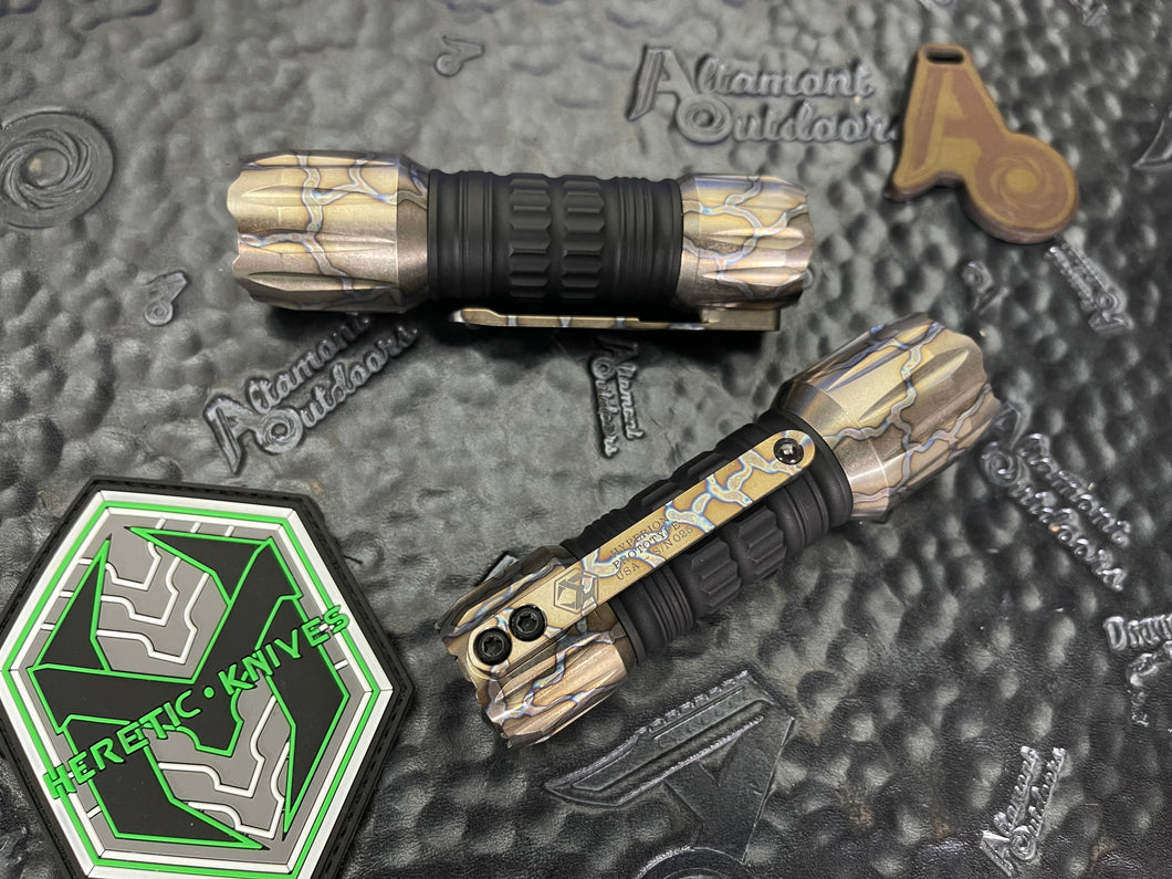 Heretic Knives Custom Hyperion Prototype Flashlight, Flamed Titanium Ends, Green Turbo Glow