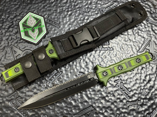 Heretic Knives Nephilim Double Edge Full Serrated Battleworn Black Fixed Blade, Green/Black G10 Scales H003-8C-GRNBLK